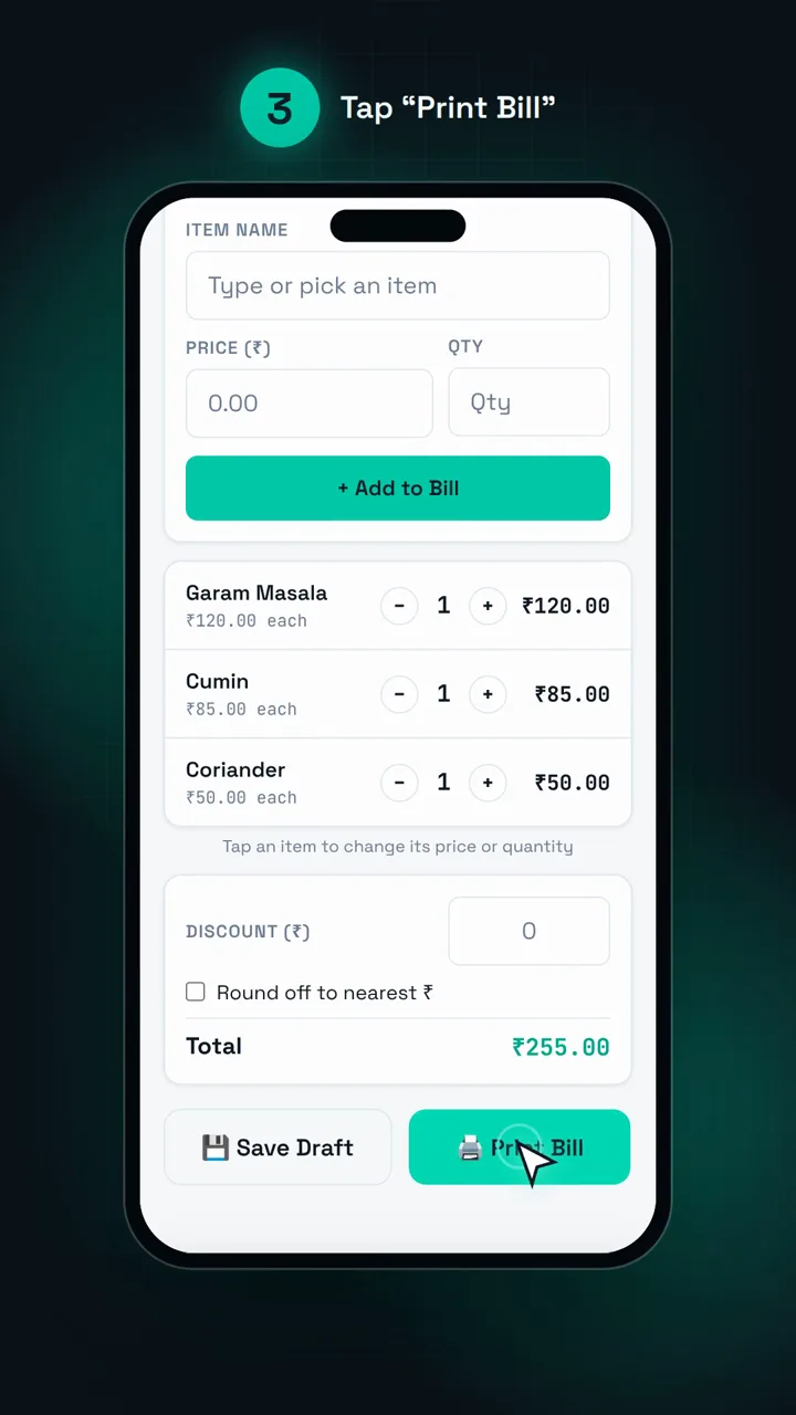 Billing app bill saved screen with a Print now button