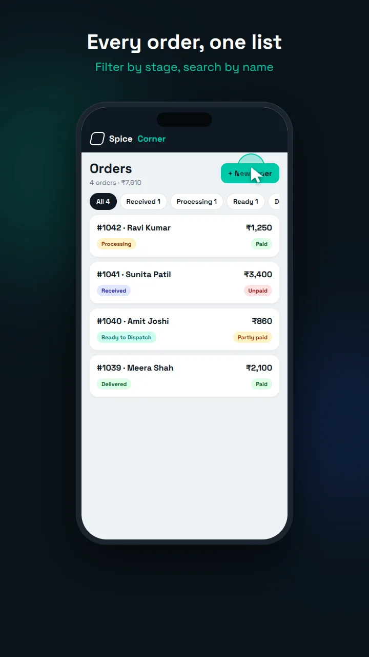 Order list filtered by stage with payment badges